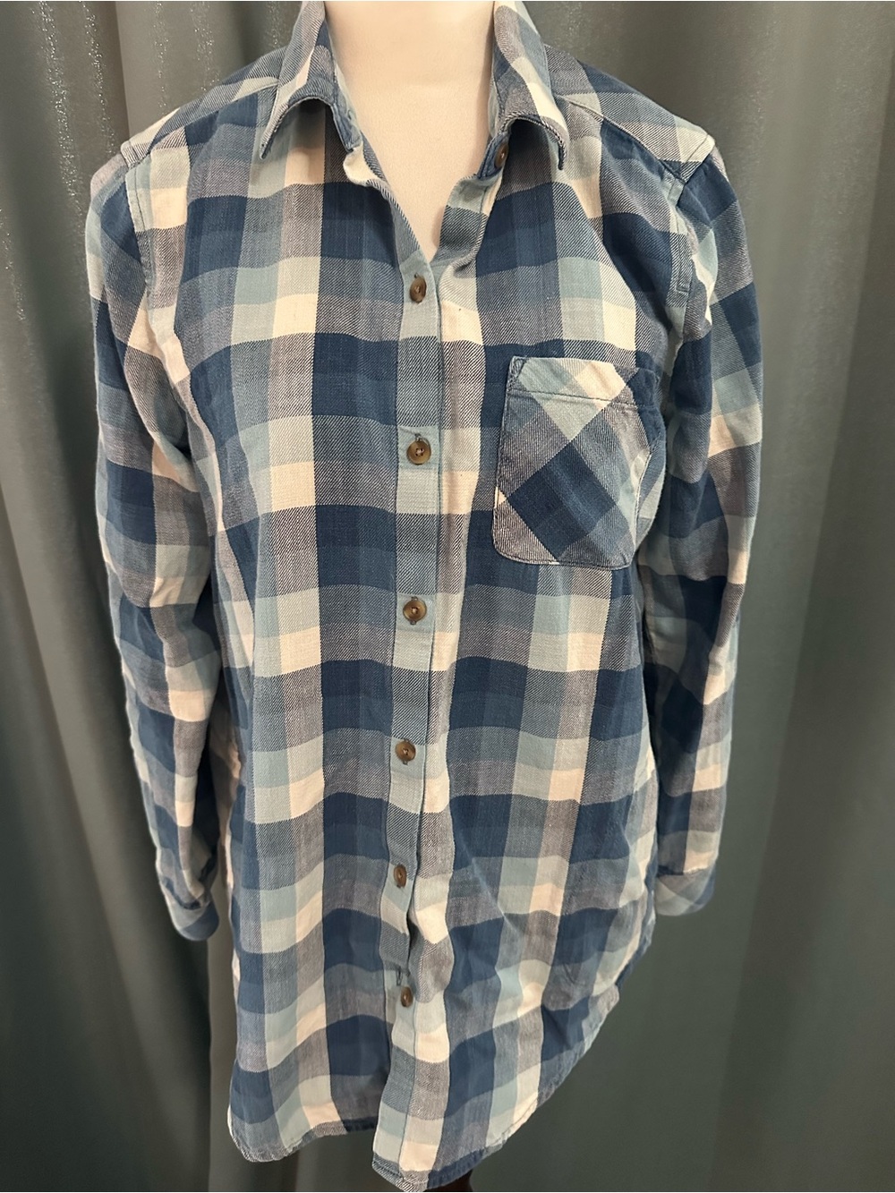 J Jill Womens M Blue Plaid Shirt 100% Cotton Button Up Roll Tab NWOT
